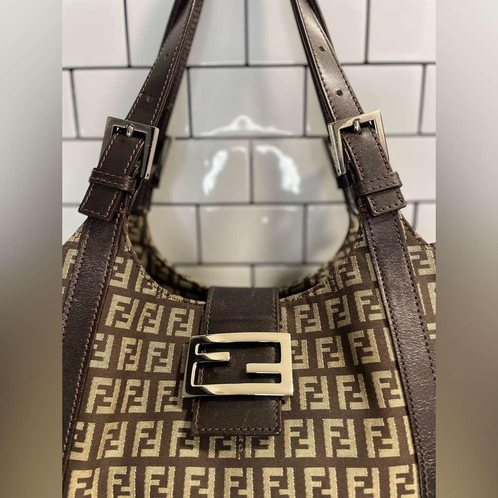 Vintage Fendi Brown Zucchino Canvas and Leather Borsa Piccola Satchel - Picture 11 of 16